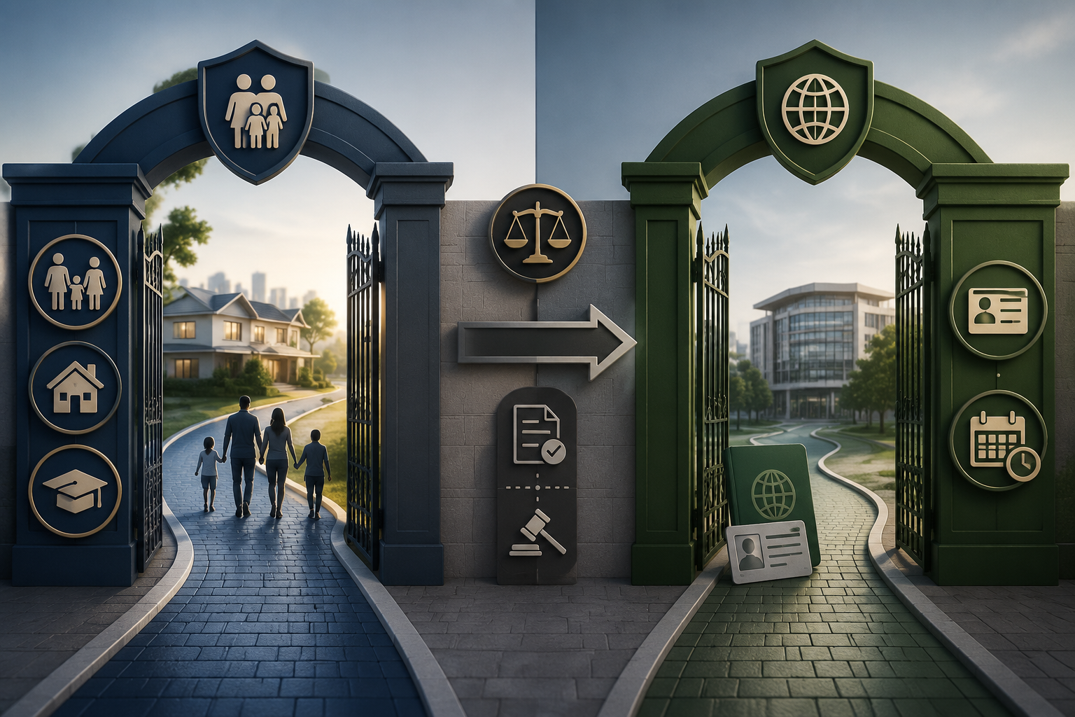Two separate legal pathways showing family relocation and tax residency as disconnected routes under Argentine law
