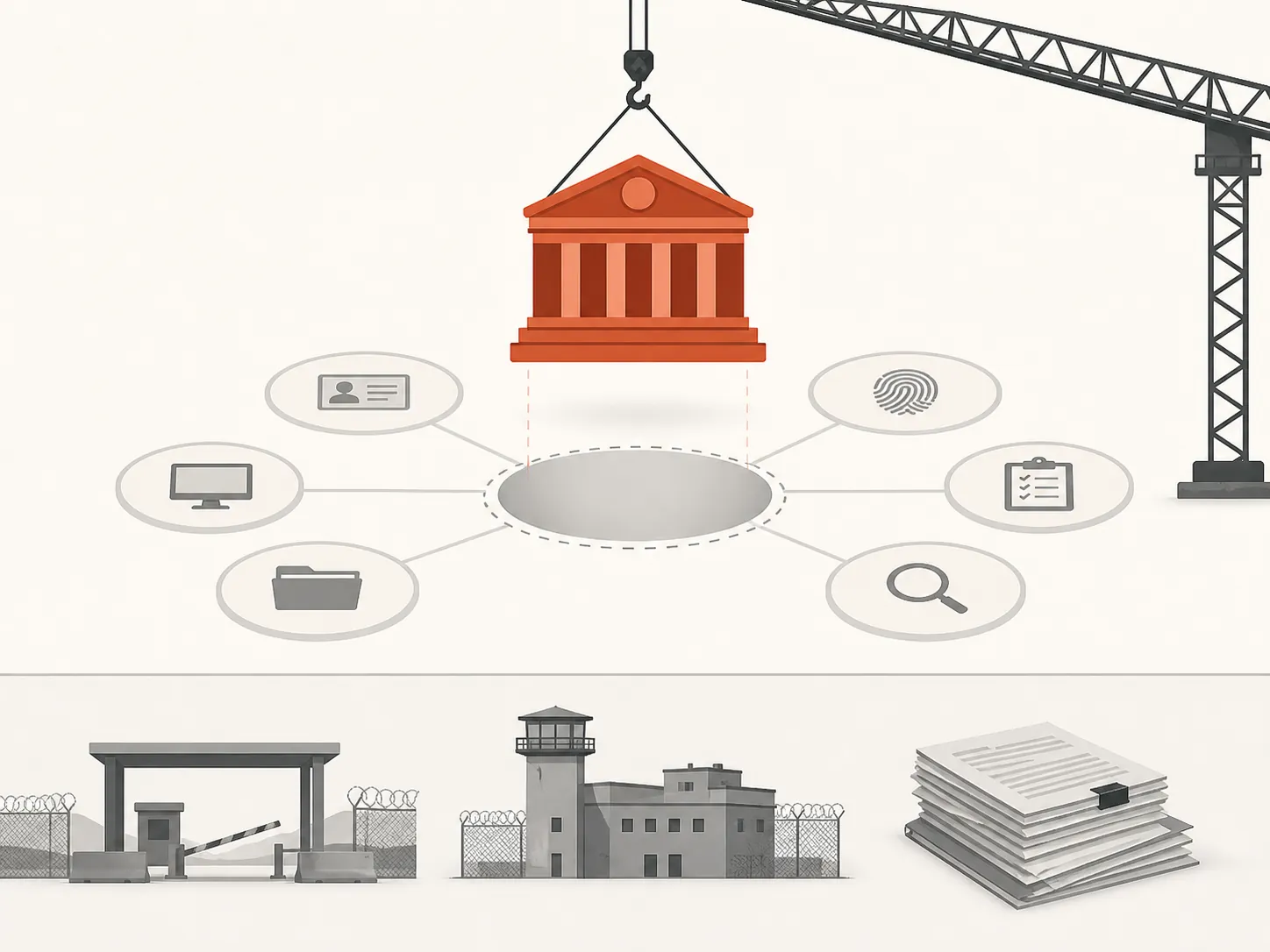 Illustration of a government agency building being removed while border, detention, and document functions remain underneath