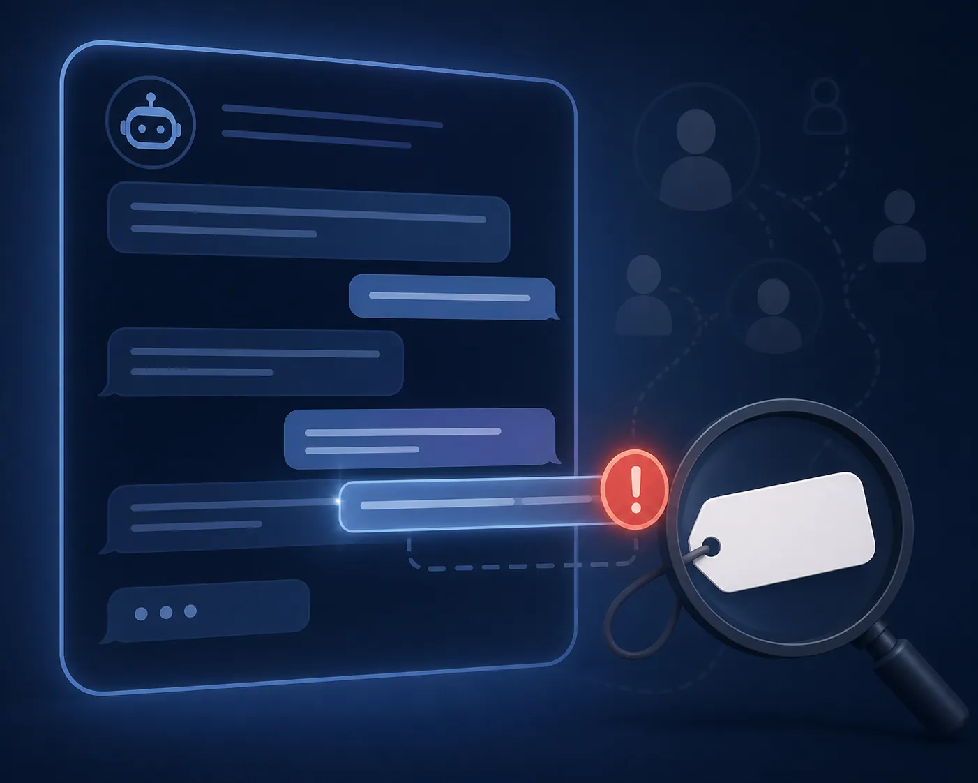 AI chat panel with a warning badge and magnifying glass over a blank name tag