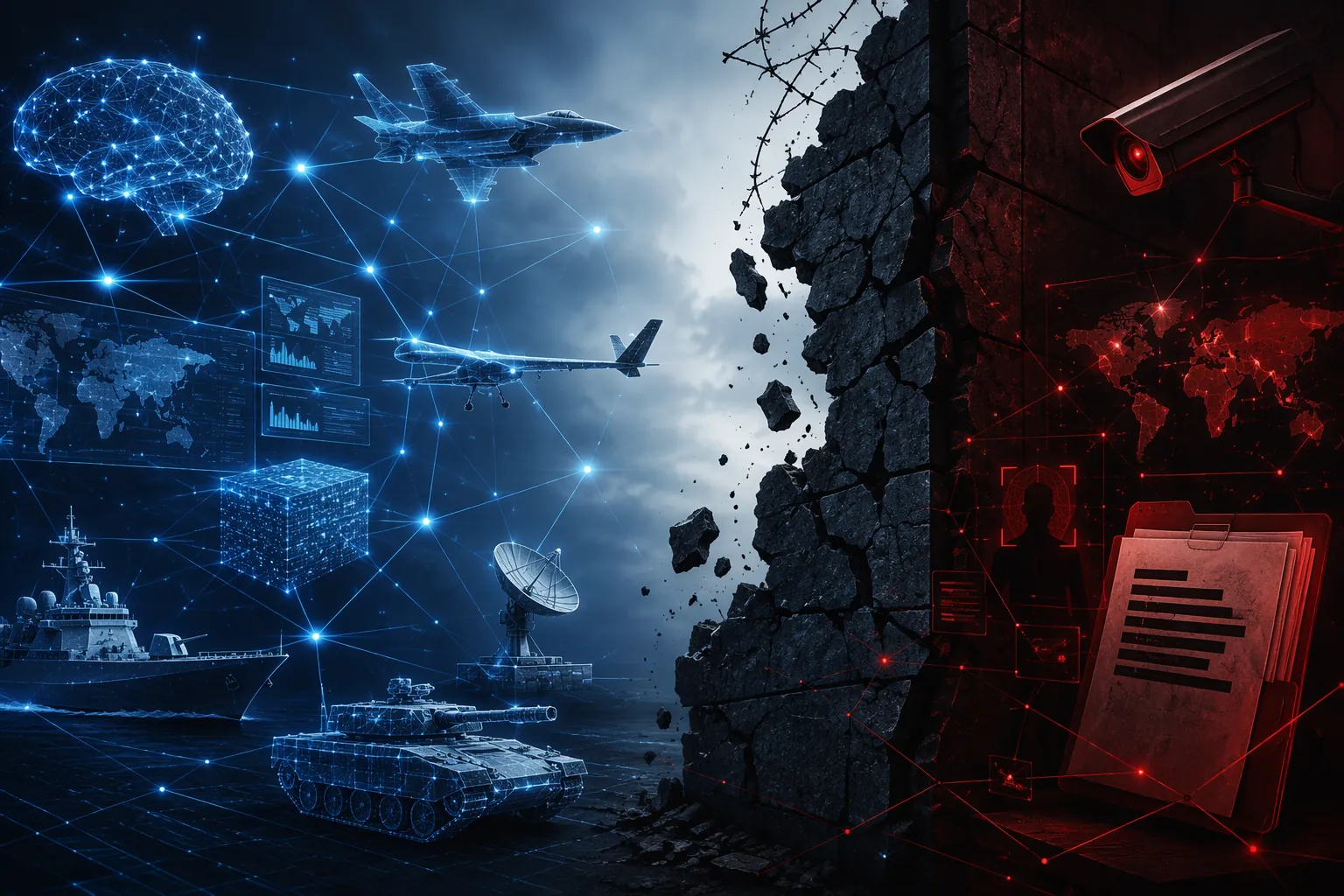 Blue digital network nodes facing cracked security barriers with red warning symbols