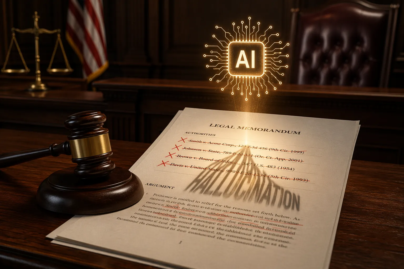 Courtroom bench with gavel, legal document marked with red Xs, and a glowing circuit icon casting a distorted shadow