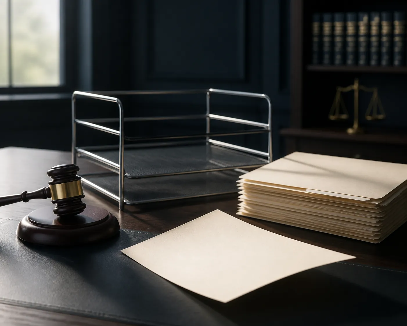 Law-office desk with a gavel, empty case-file tray, and blank folders suggesting no filed legal proceeding