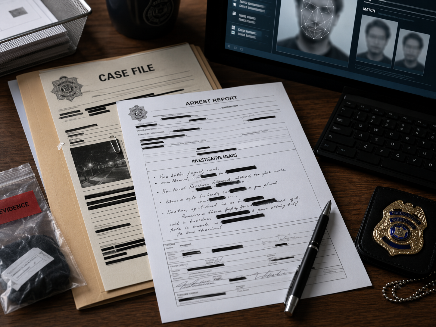 Police report using the phrase investigative means beside a blurred facial recognition interface