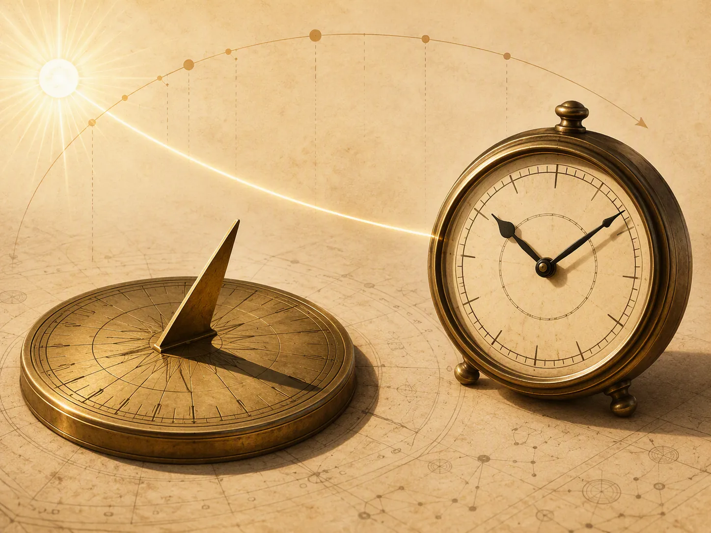 Sundial at mechanical clock na magkaiba ang ipinapakitang oras
