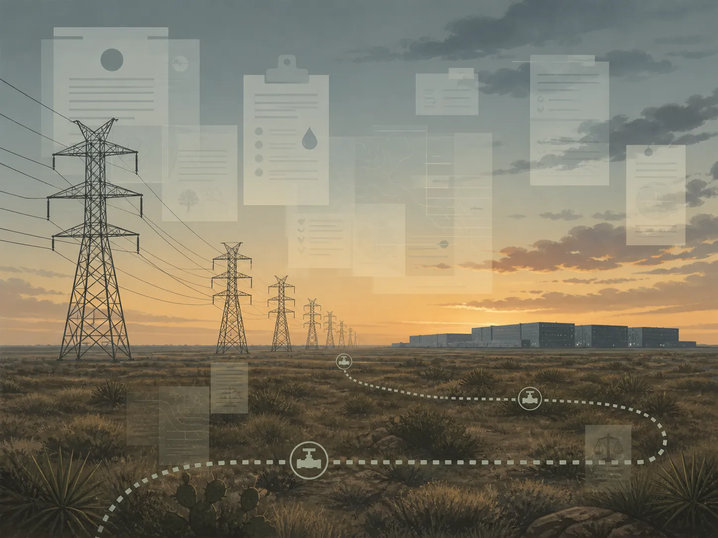 West Texas transmission lines, water pipeline, and data center buildings with permit documents