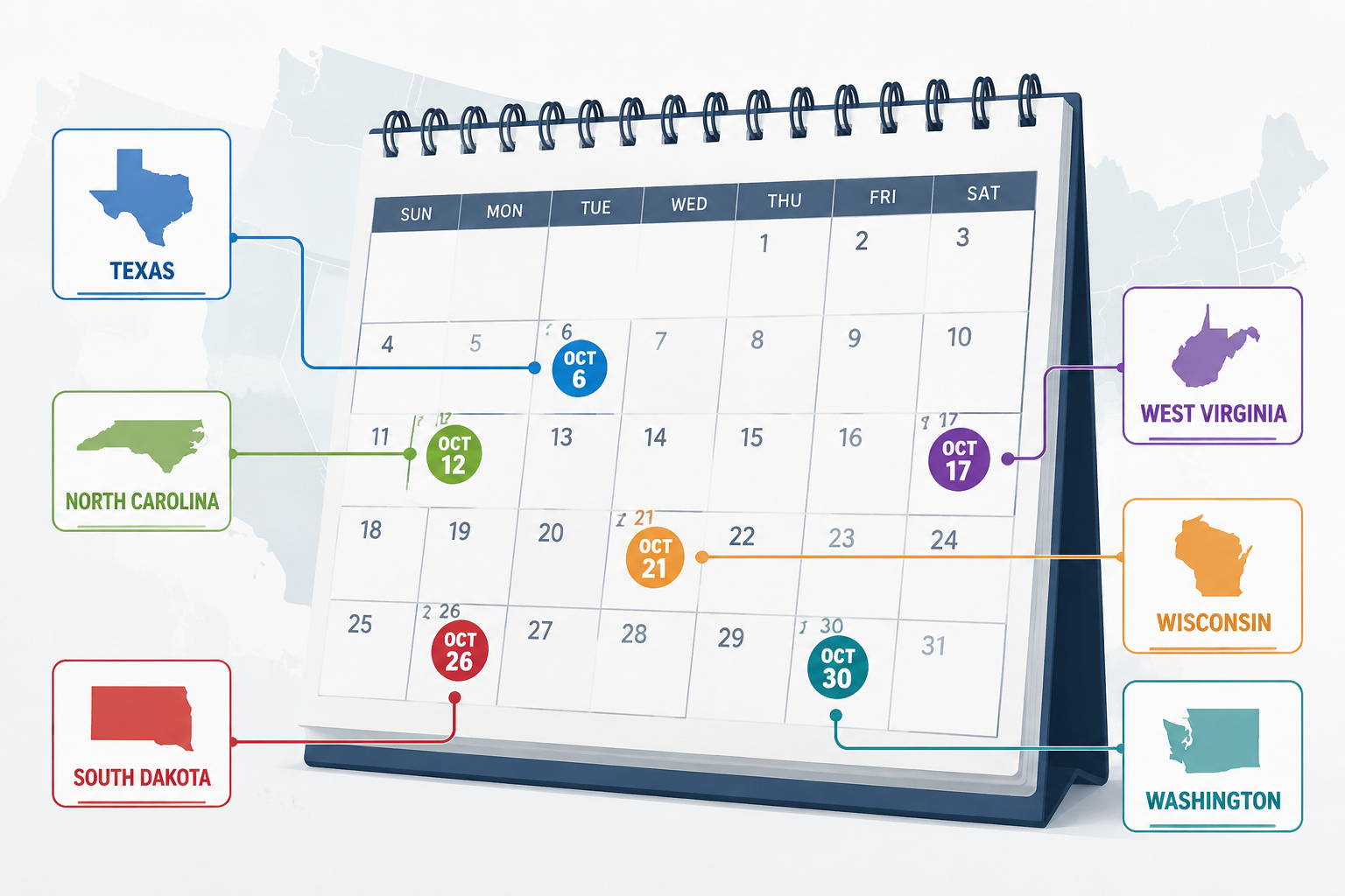 Calendar with state election law withdrawal deadline markers for Texas, North Carolina, West Virginia, Wisconsin, South Dakota, and Washington