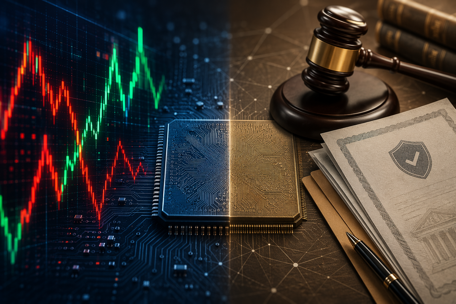 Semiconductor chip with stock chart lines and legal documents overlay
