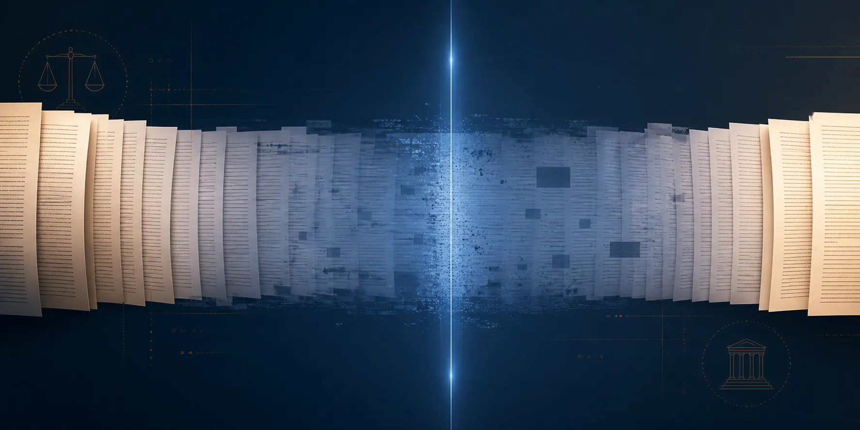 Long legal document ribbon fading in the middle to illustrate the gap between advertised context capacity and retained context