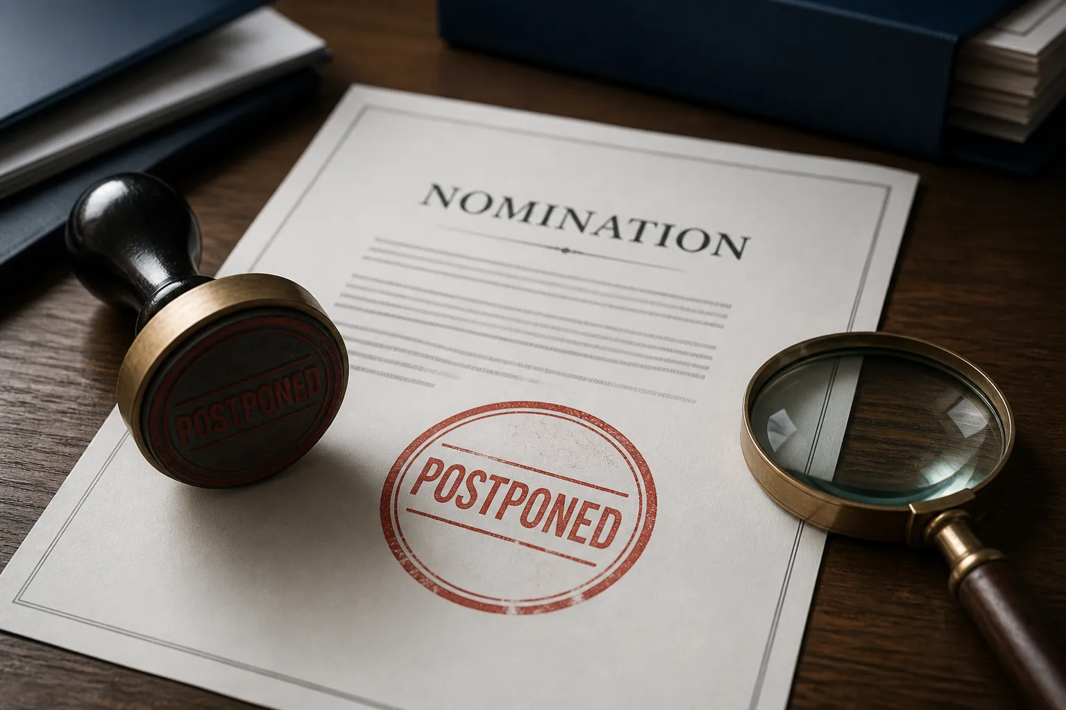 Nomination document stamped POSTPONED with a magnifying glass beside it