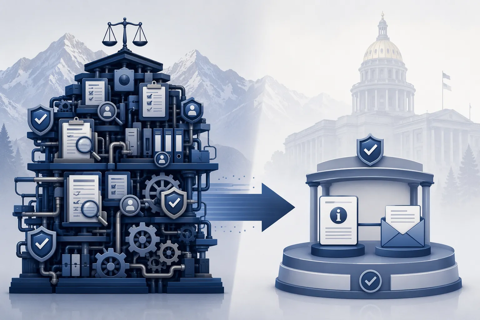 Side-by-side illustration comparing a dense SB 24-205 framework with a streamlined SB 26-189 transparency framework
