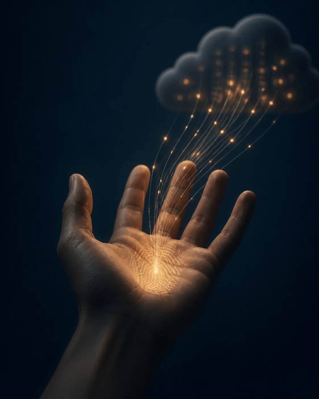 Bukas na palad na may glowing data lines papunta sa cloud server