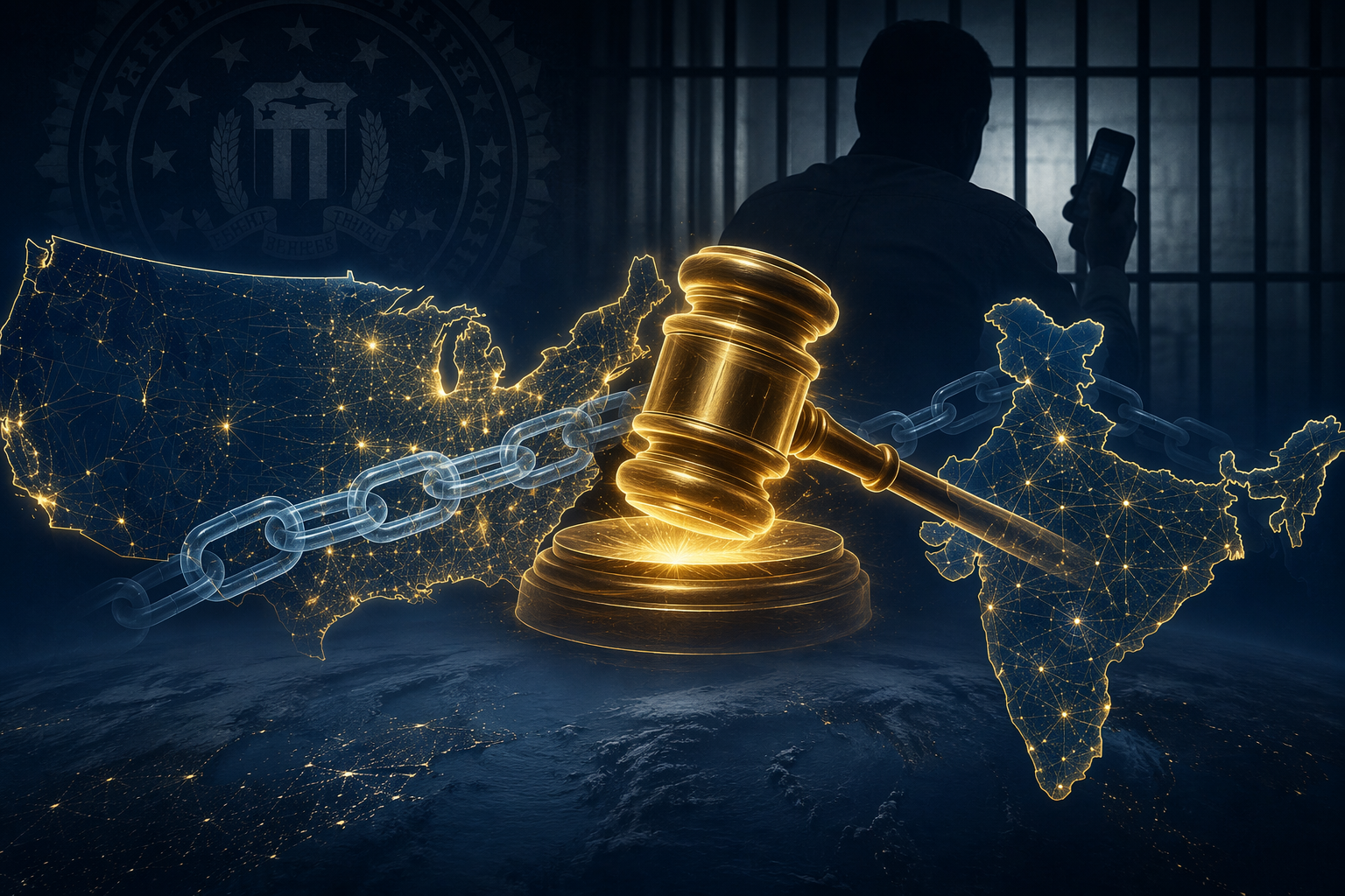 Editorial illustration of a glowing gavel over maps of the United States and India connected by chains, with prison bars and a cellphone figure in the background