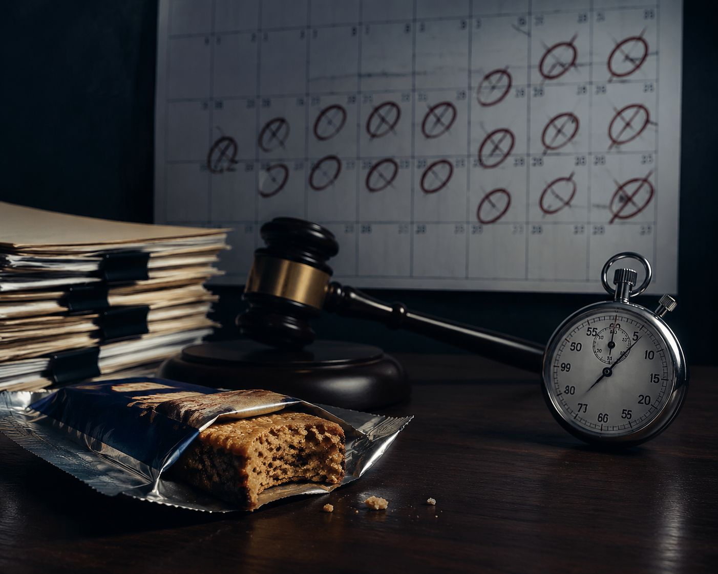 Packaged food, legal documents, a gavel, calendar, and stopwatch on a dark desk
