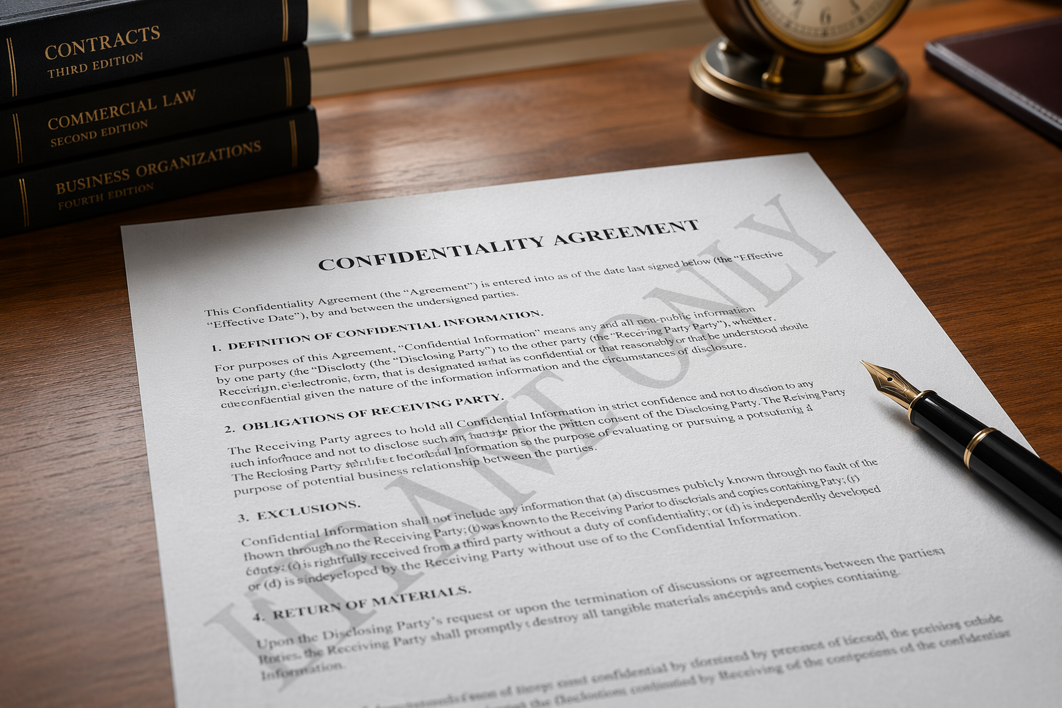 Legal contract document with a faint diagonal watermark on a wooden desk