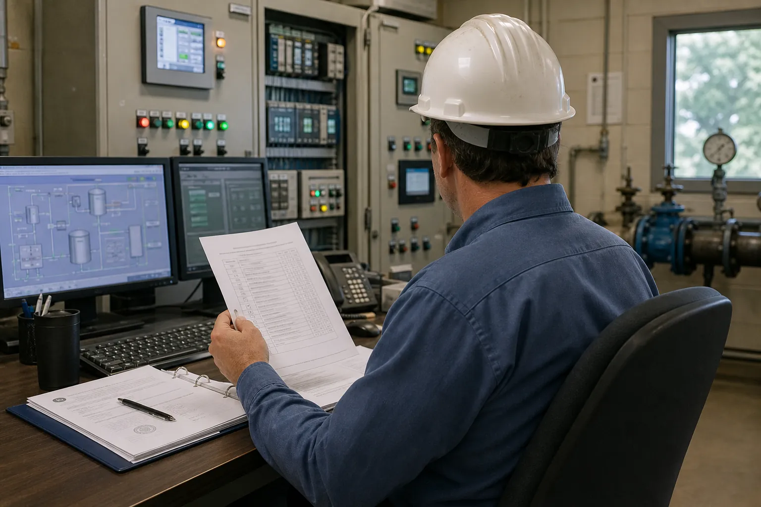 Small municipal water utility operator reviewing cybersecurity assessment and certification paperwork in a control room
