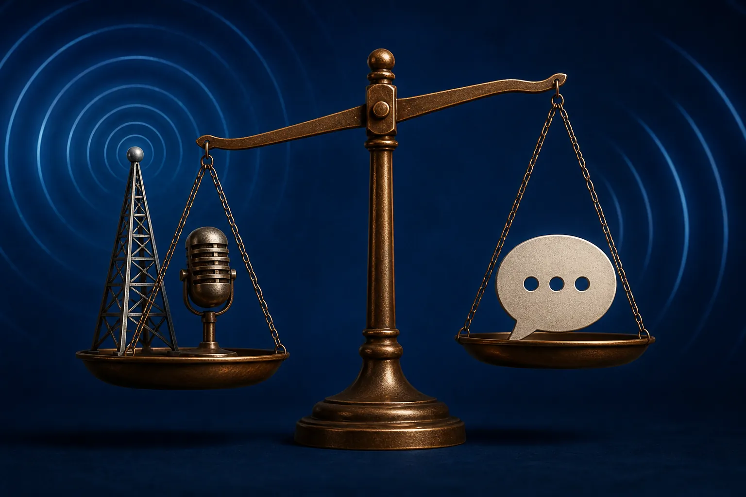 A scale of justice balancing a broadcast tower and microphone against an open speech bubble