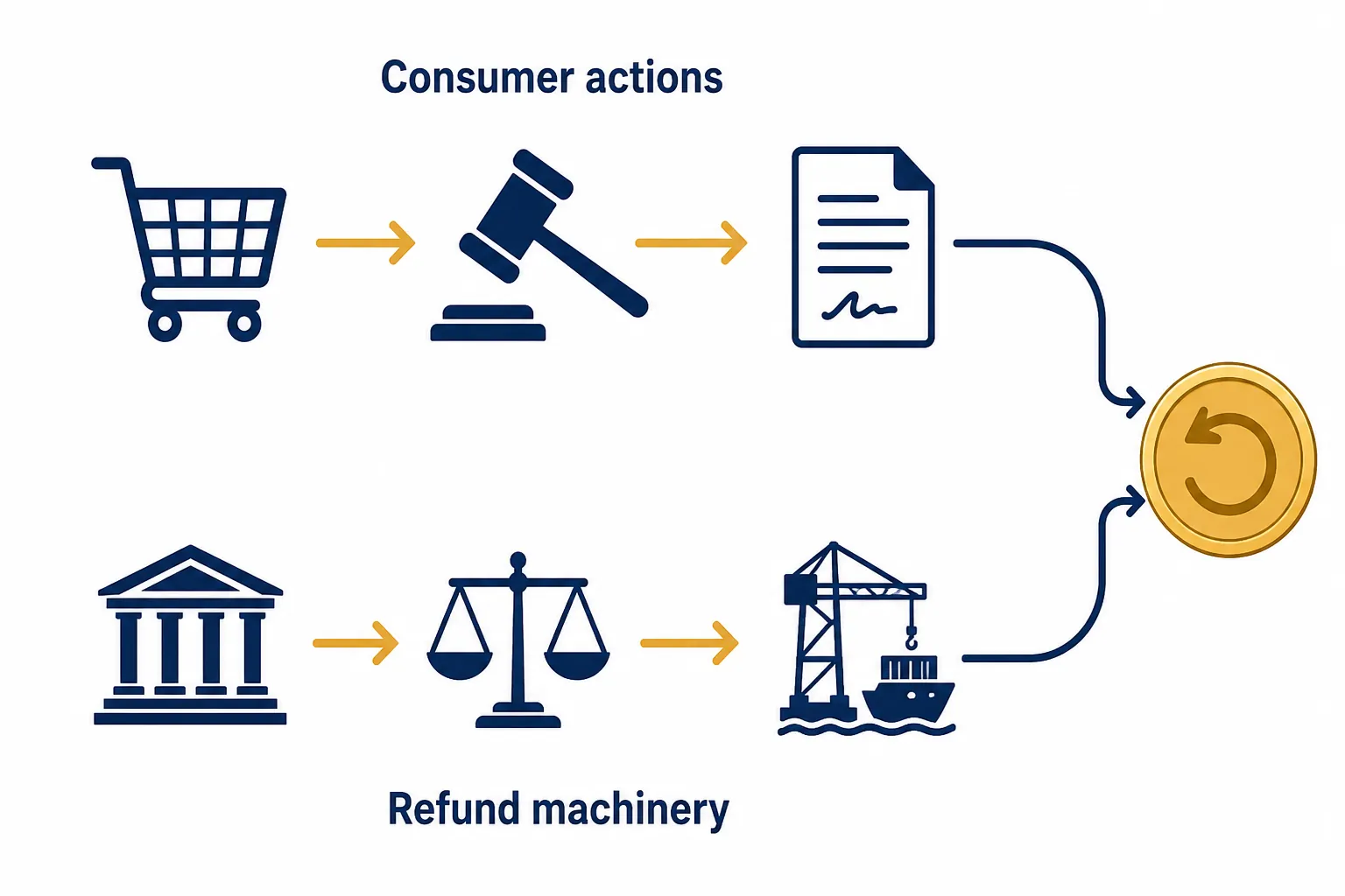 Two-lane flow chart showing consumer actions and refund machinery converging on a tariff refund coin