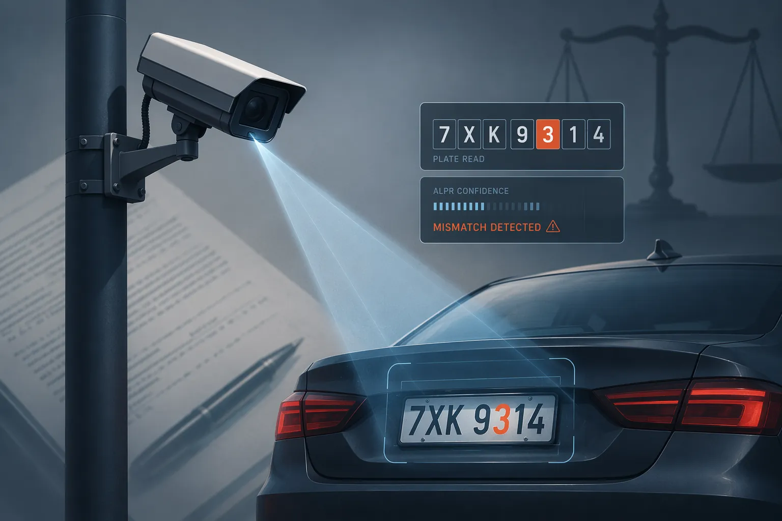 Roadside ALPR camera scanning a vehicle license plate with one character highlighted and subtle legal documents in the background
