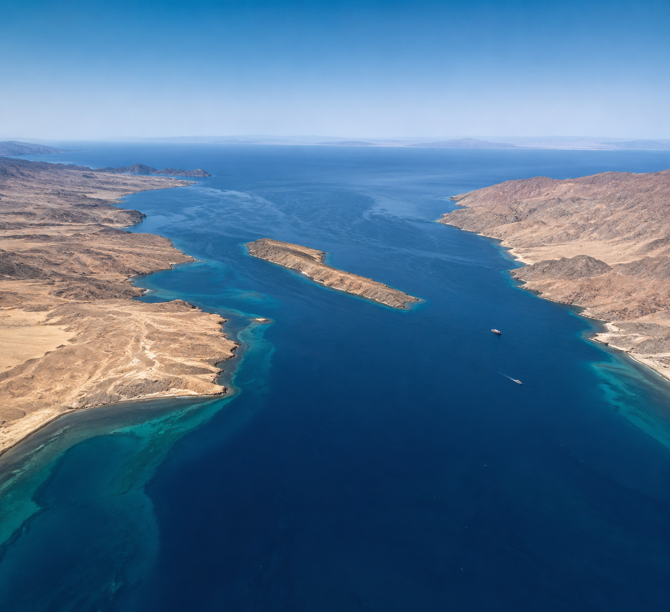 Aerial view of the Bab al-Mandeb Strait between Yemen and Djibouti with Perim Island in the channel
