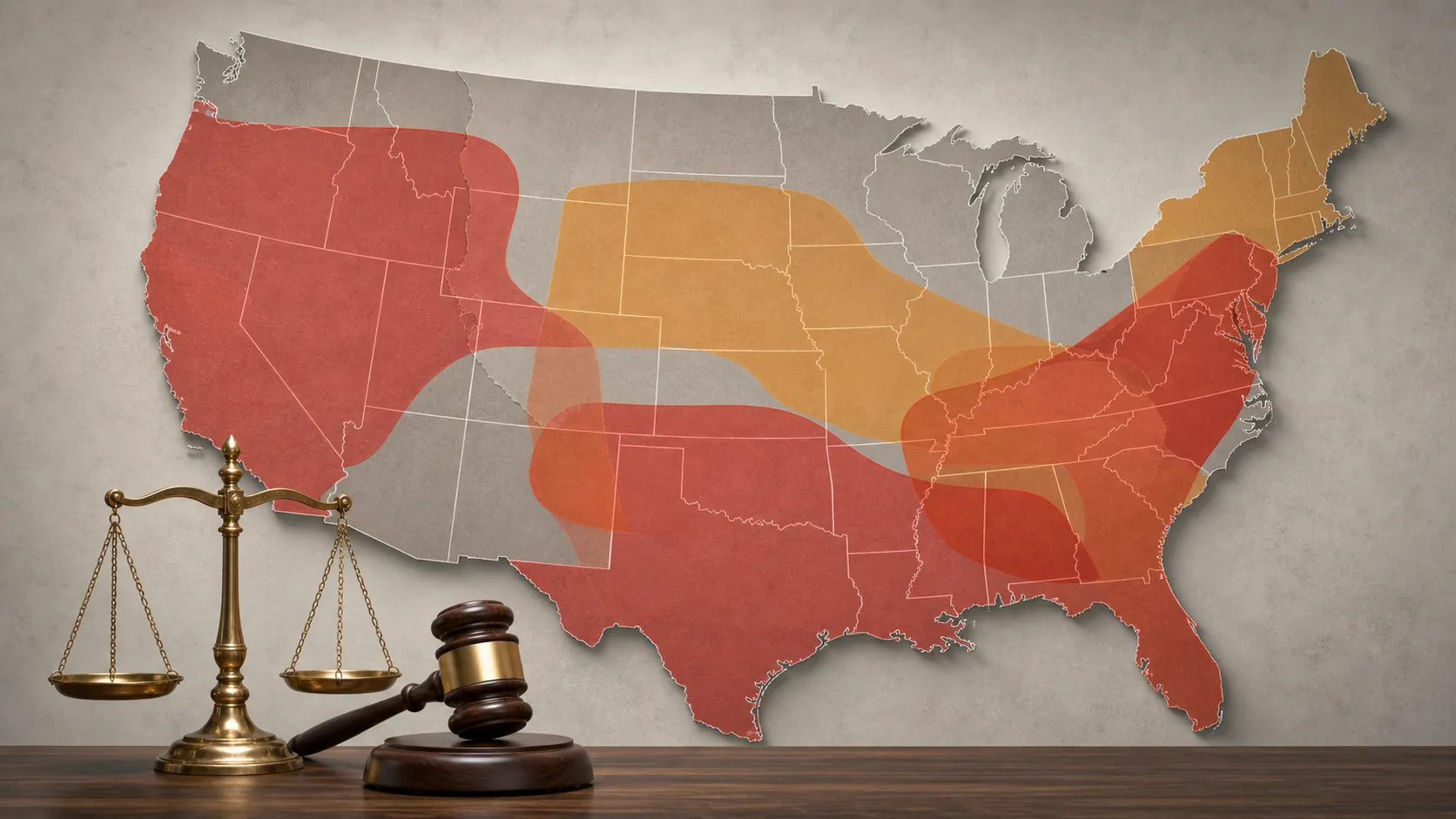 Map of the United States overlaid with multi-state litigation regions and a scale of justice