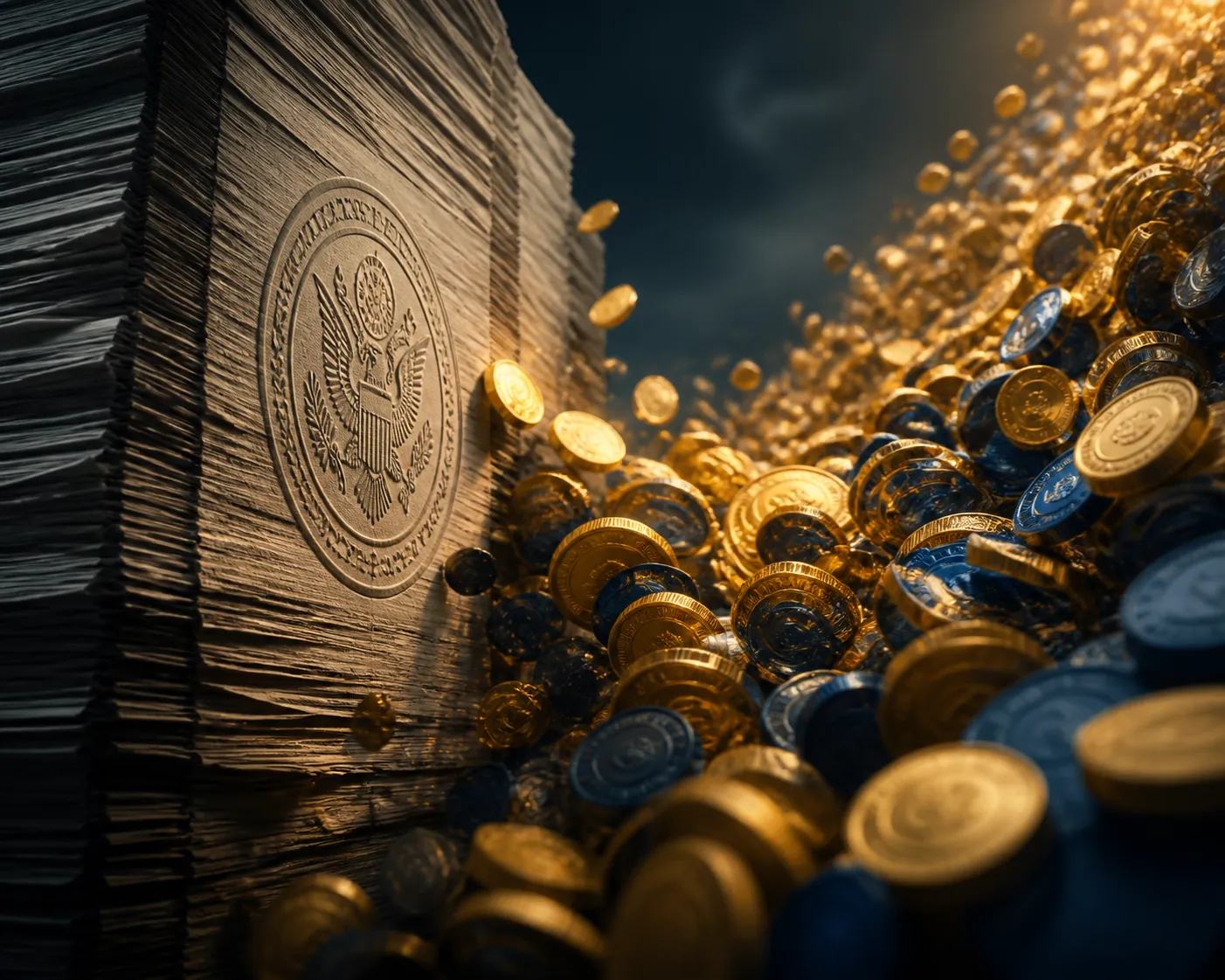 Regulatory document wall struck by downward streams of abstract coin forms