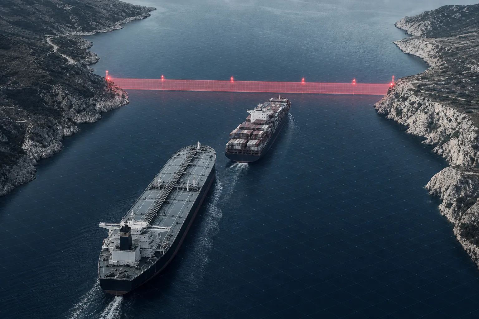 Oil tanker and container ship approaching a red sanctions screening barrier in a narrow maritime strait