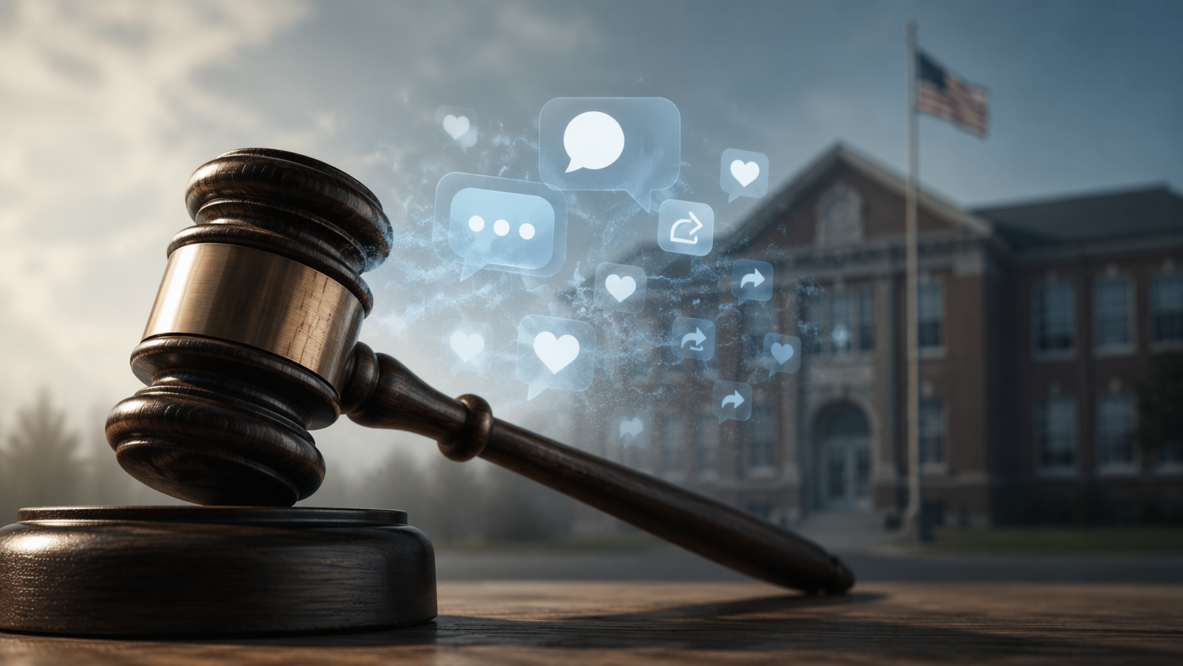 Gavel, school building, and fading social media icons illustrating legal limits on student social media access