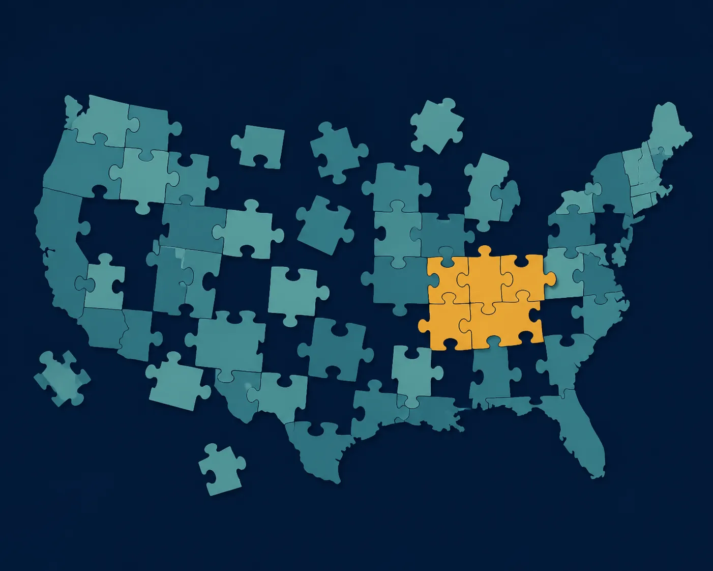 Abstract Missouri-shaped jigsaw puzzle with separated pieces suggesting uneven county implementation