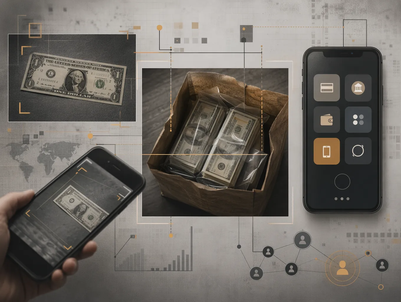 Dollar-bill serial number photo, vacuum-sealed cash bundles, and abstract digital payment app records