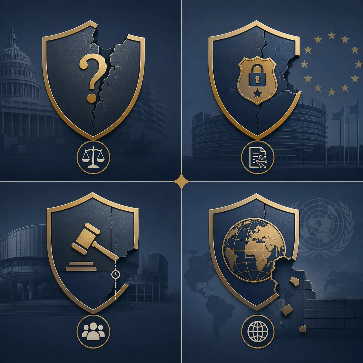 A comparison matrix with four flawed legal shields representing gaps in AI safeguards
