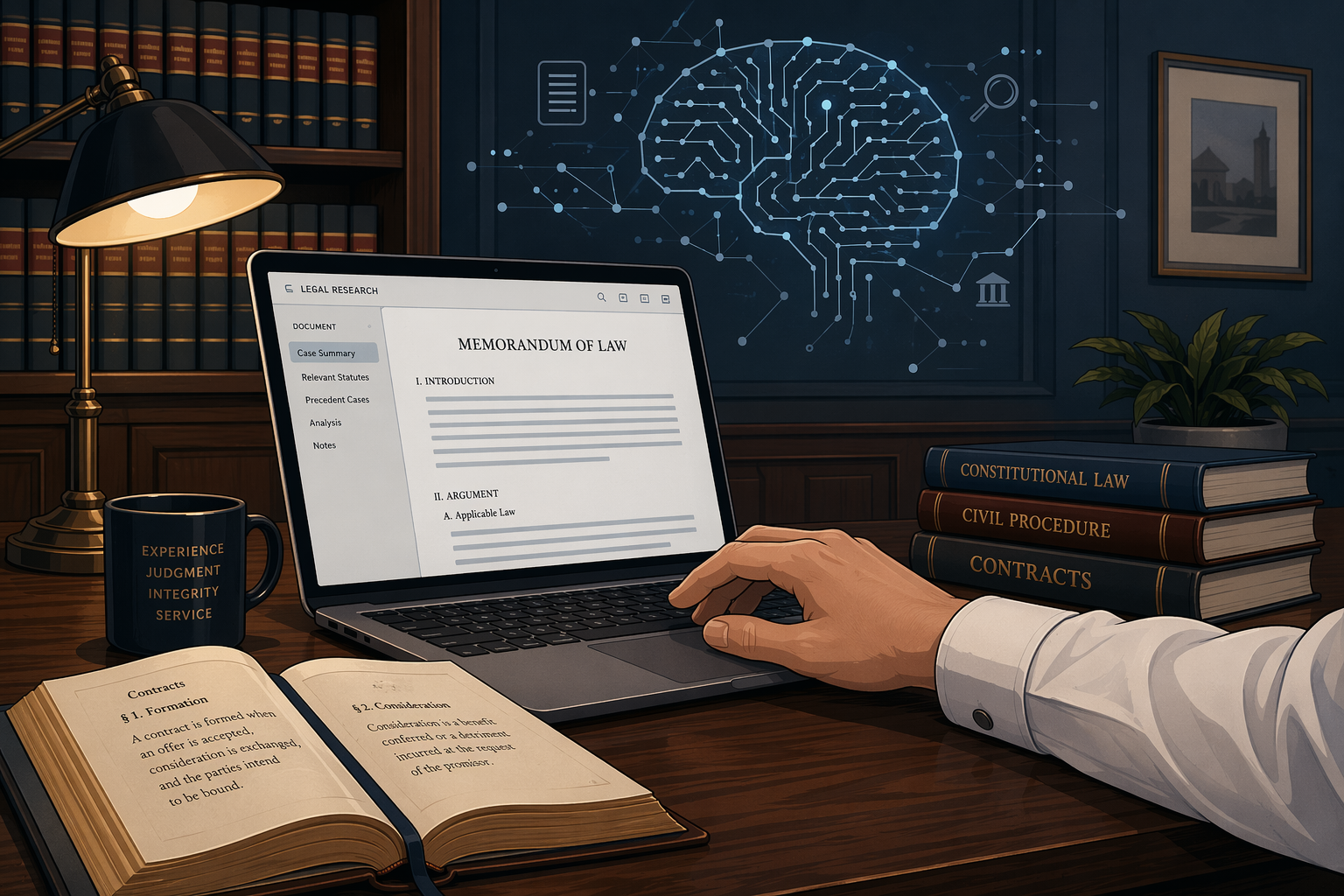 A wood-paneled law library setting with an open laptop displaying a legal document, a leather-bound law book beside it, and a lawyer's hand reaching toward the keyboard. A faint translucent digital network pattern hovers above the scene.