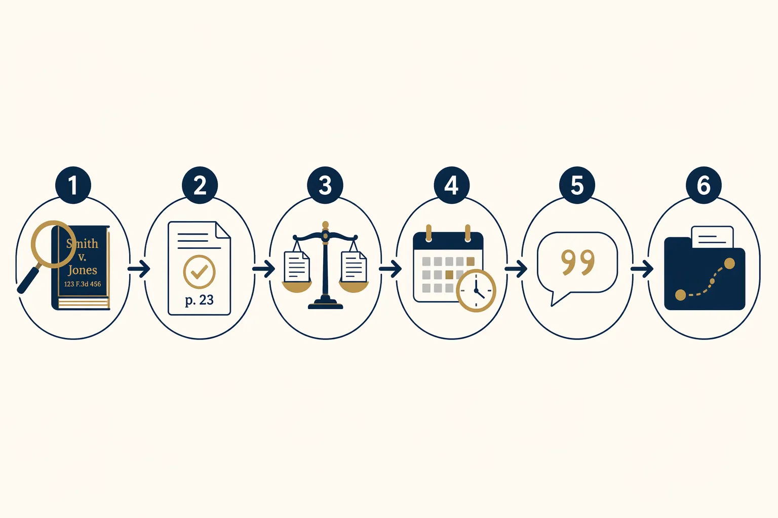 Six-step legal AI verification workflow showing citation, pinpoint, holding, history, quotation, and audit-trail review