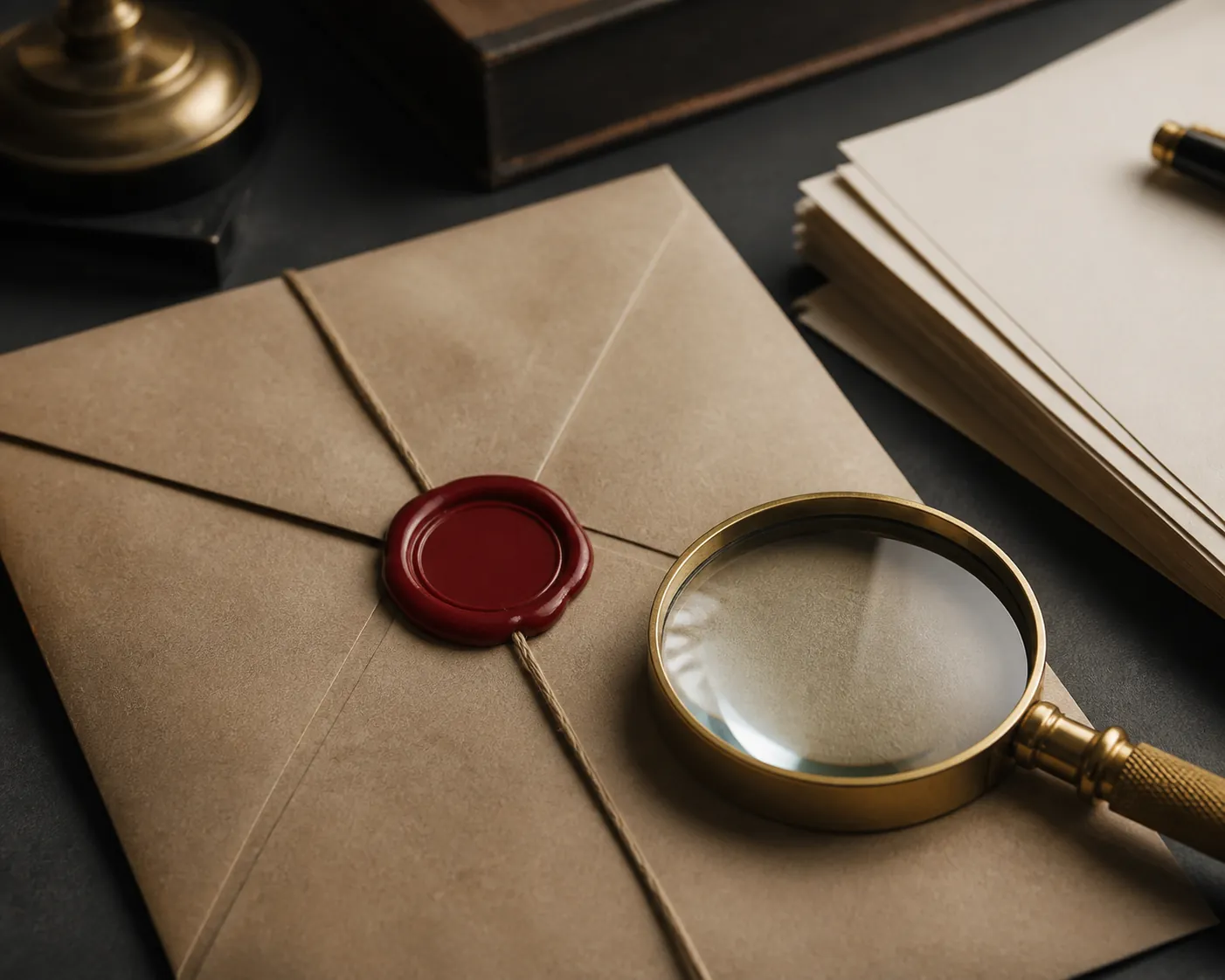 Sealed legal evidence envelope with a wax seal and magnifying glass