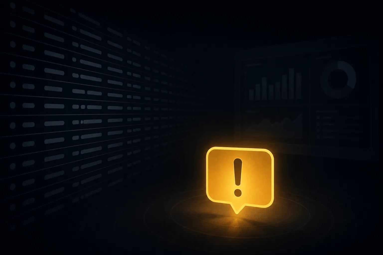 Database query log lines with a glowing alert icon and a dim audit dashboard