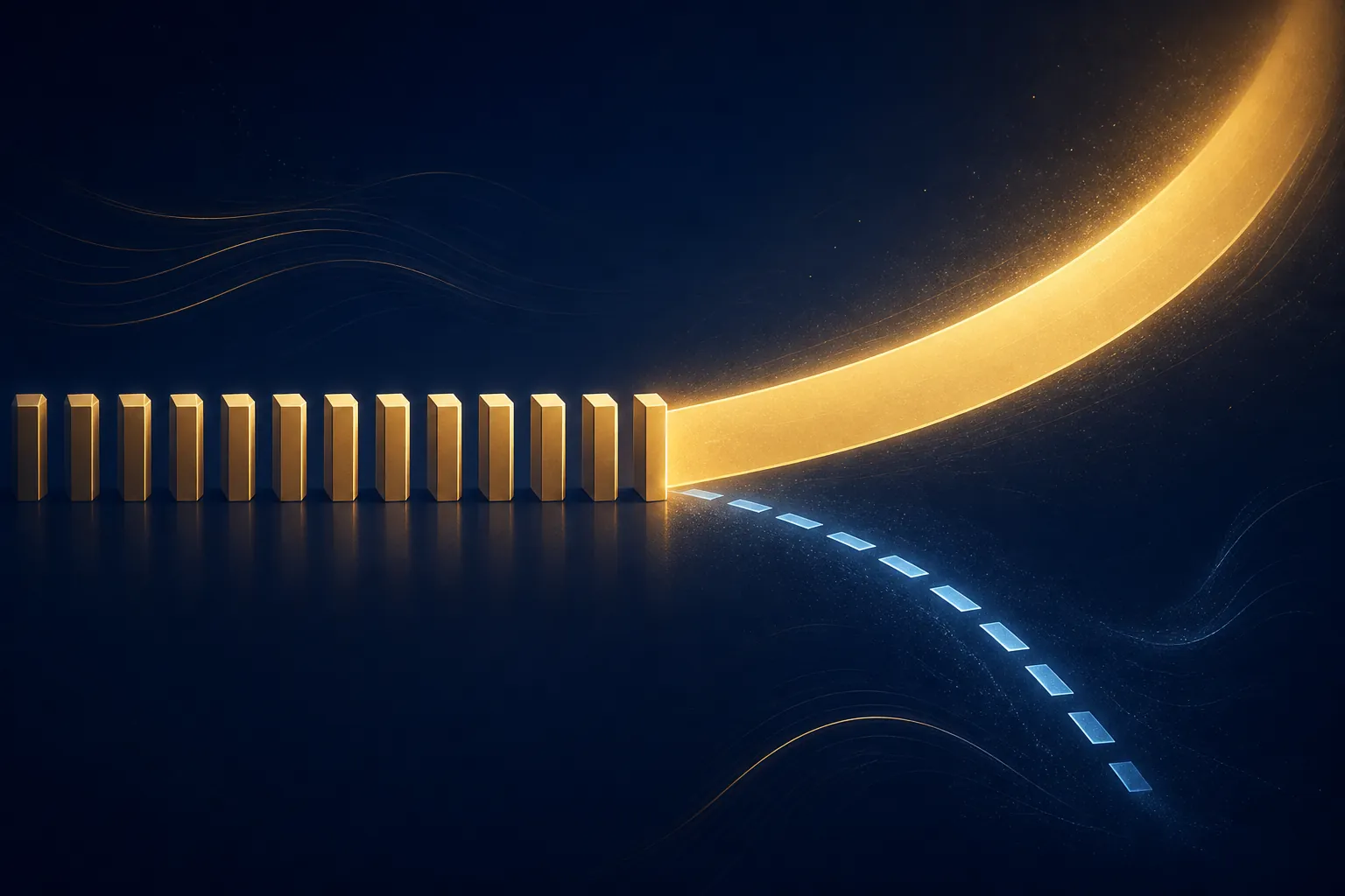A uniform line splitting into a solid path and a dashed dissent path