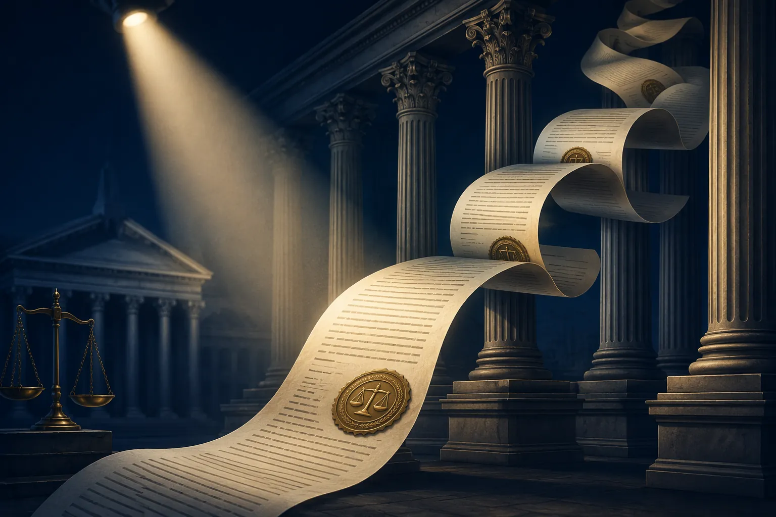 Conceptual illustration of a legal document winding through courthouse columns under a spotlight