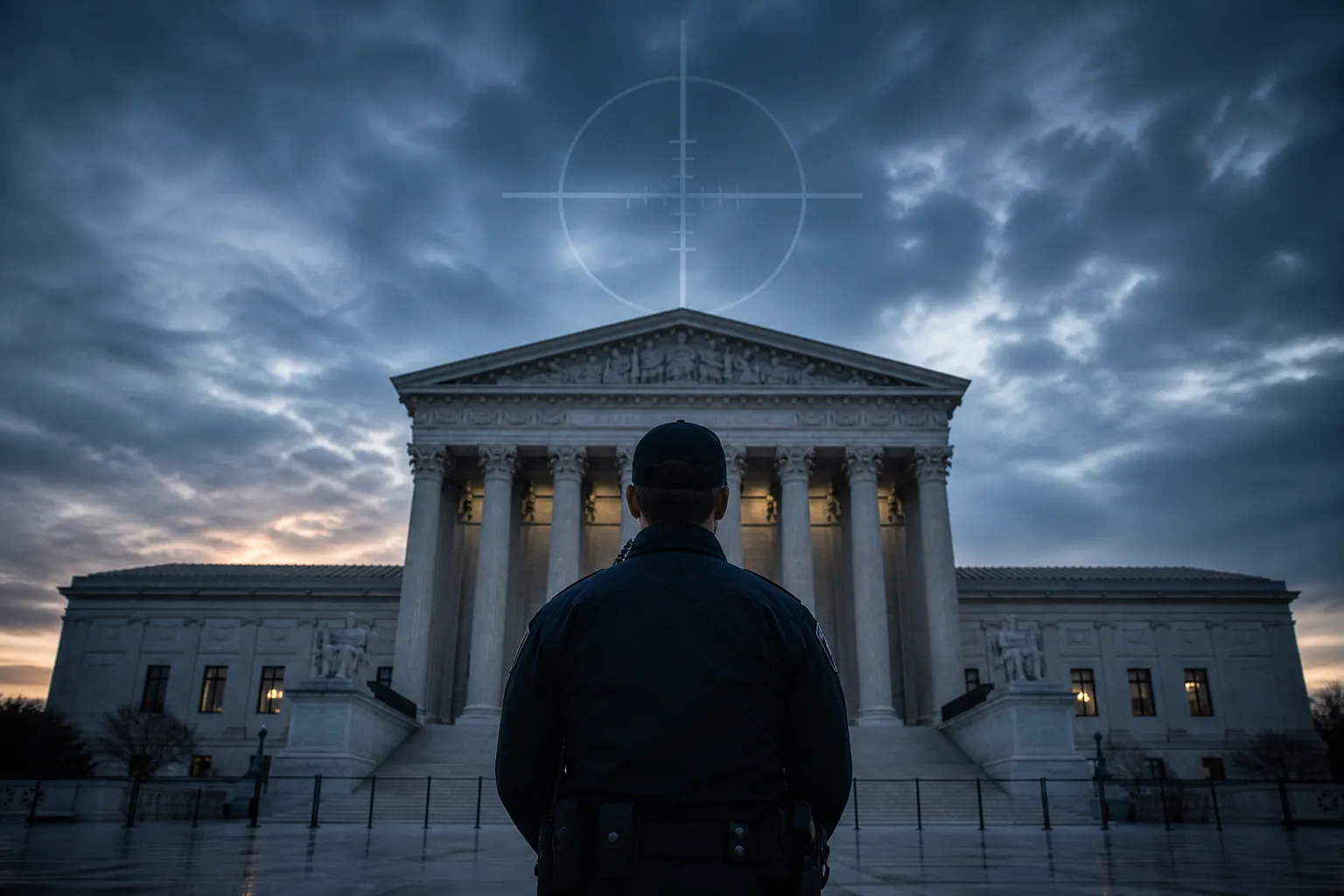 A federal courthouse at dusk with a security officer in the foreground and a faint crosshair above the building