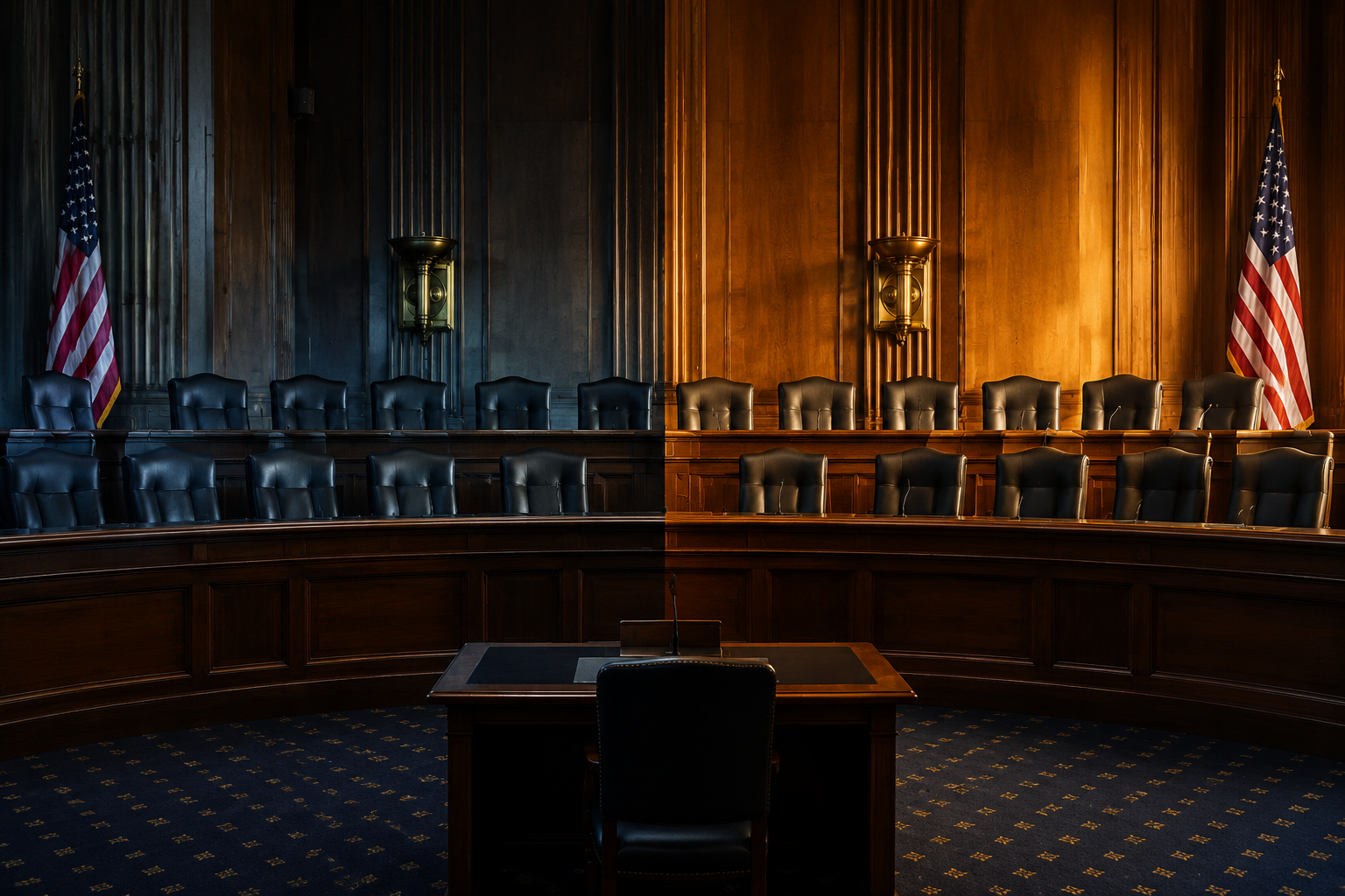 Empty Senate Judiciary Committee hearing room illustrating an 11-10 committee deadlock