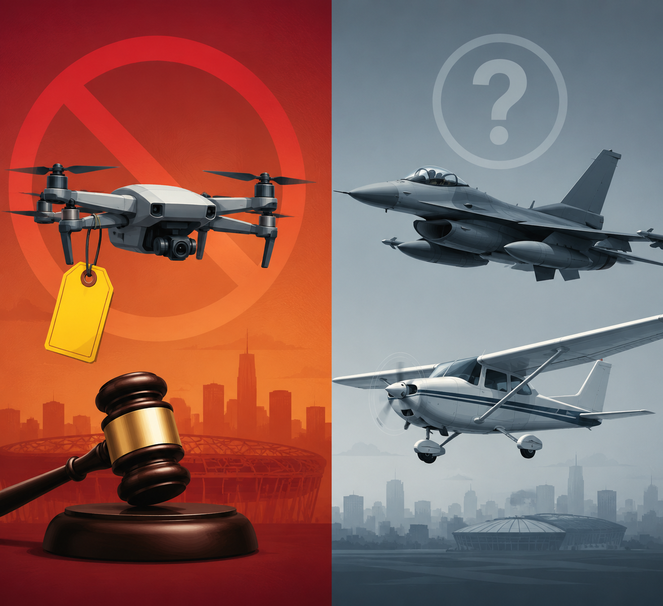 Split illustration contrasting a seized drone with a tagged enforcement symbol and a general aviation aircraft escorted by an F-16 under uncertain legal outcome