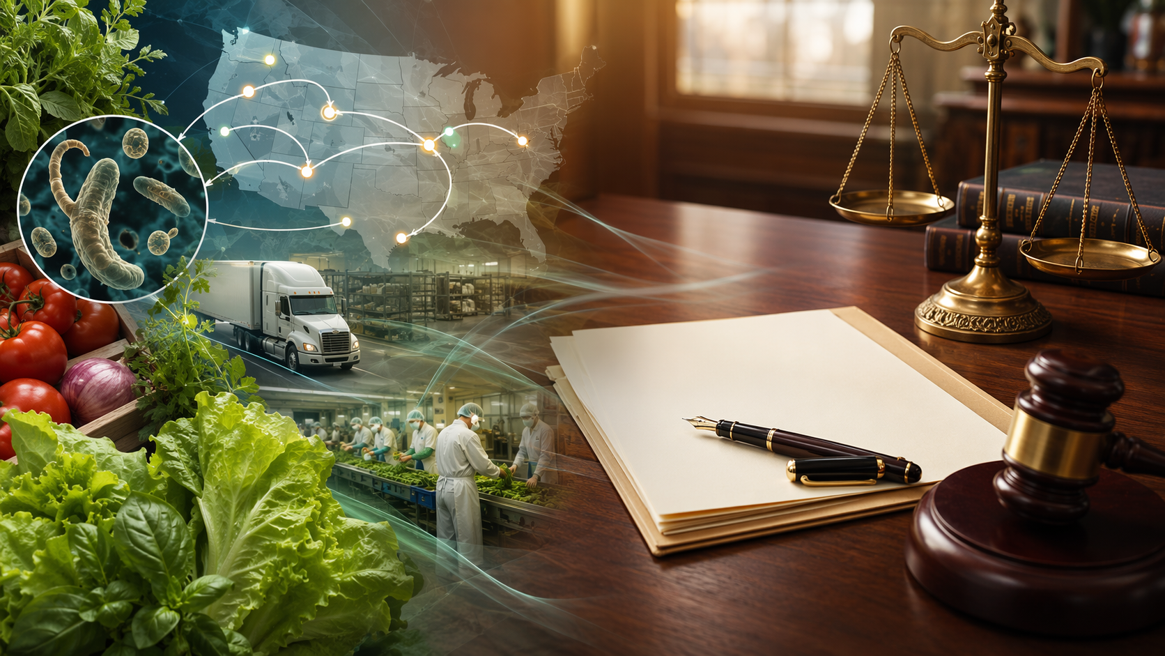 Legal documents and scales of justice blended with produce supply-chain traceback and a microscopic Cyclospora view
