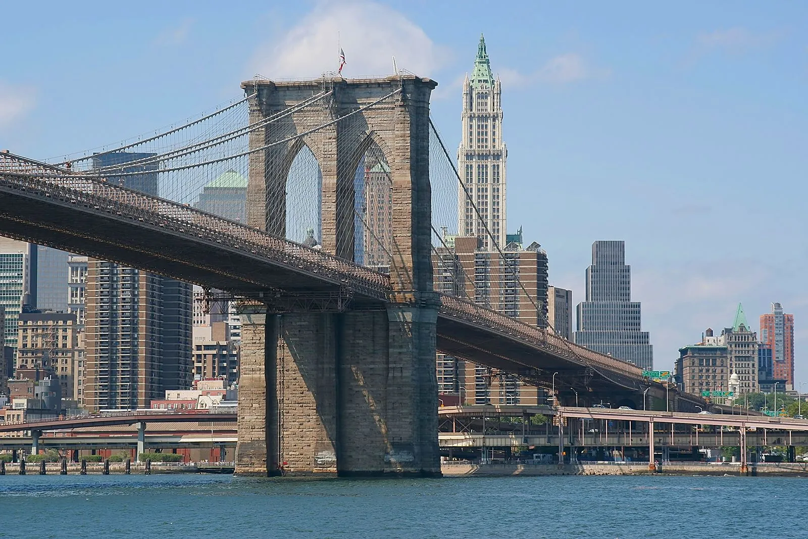 Brooklyn Bridge spanning the East River toward Lower Manhattan
