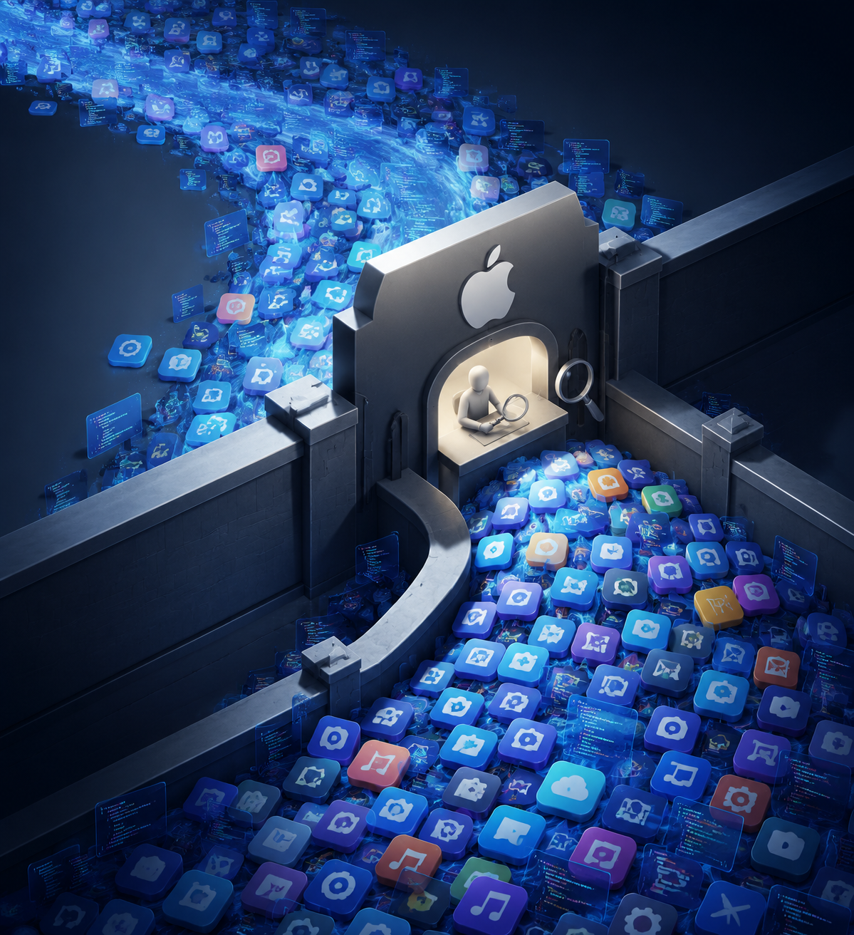 A flood of app icons and code snippets bottlenecking at a narrow review gate