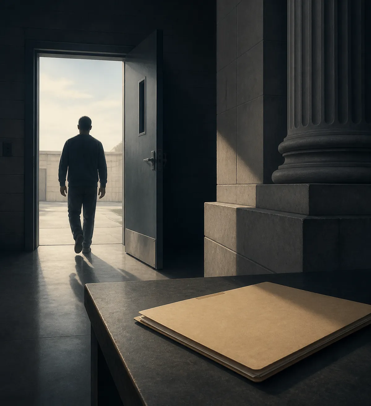 Silhouette stepping from a dark institutional corridor into daylight, with a closed docket folder and courthouse entrance in the foreground