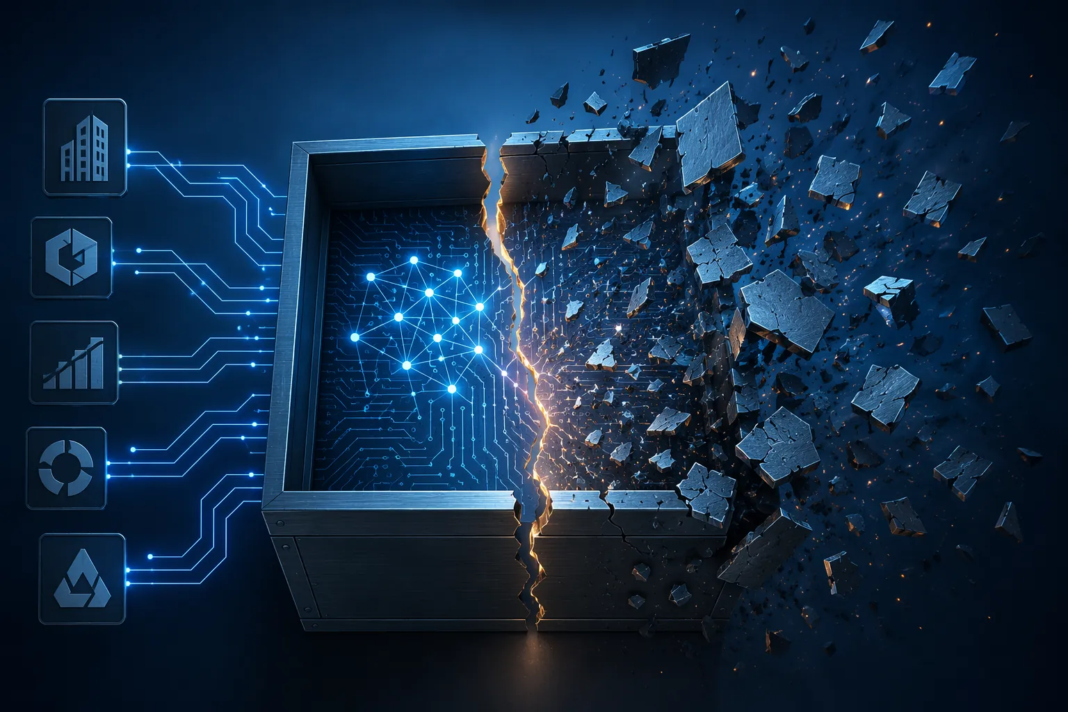 An open metal box with glowing circuit traces split by a crack, with fragments breaking away