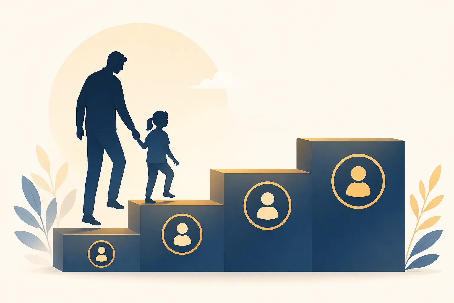 Parent and child walking up age-guidance steps