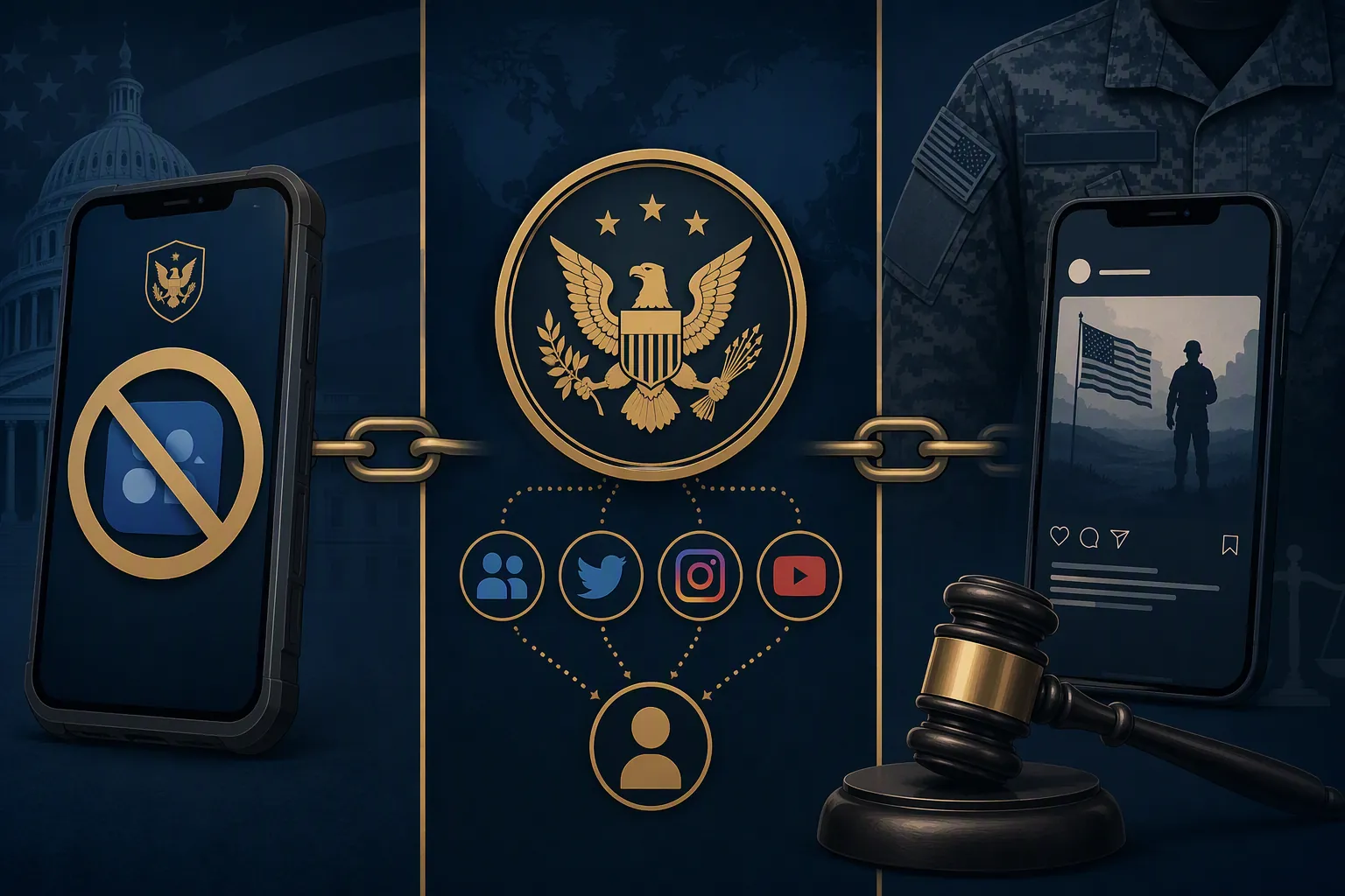 Three-column illustration separating device bans, official military account consolidation, and personal social media punishment