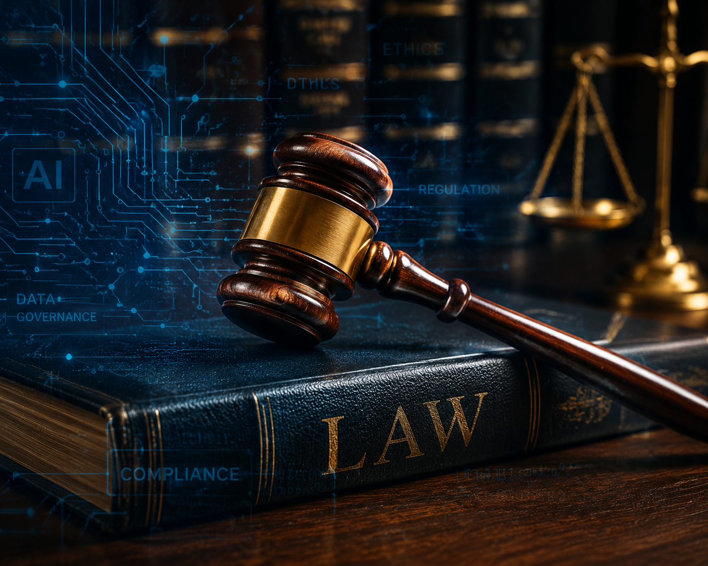A gavel on a law book with blue digital circuit patterns suggesting legal oversight of AI technology