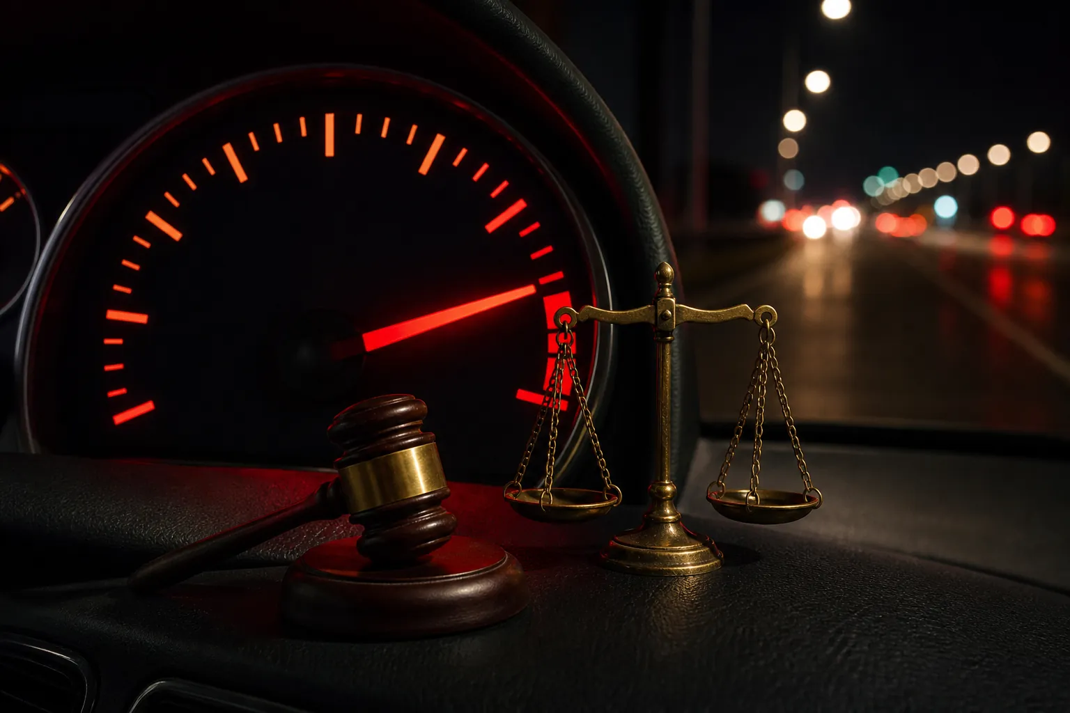 Car dashboard speedometer in the red zone with a gavel and scales of justice in the foreground