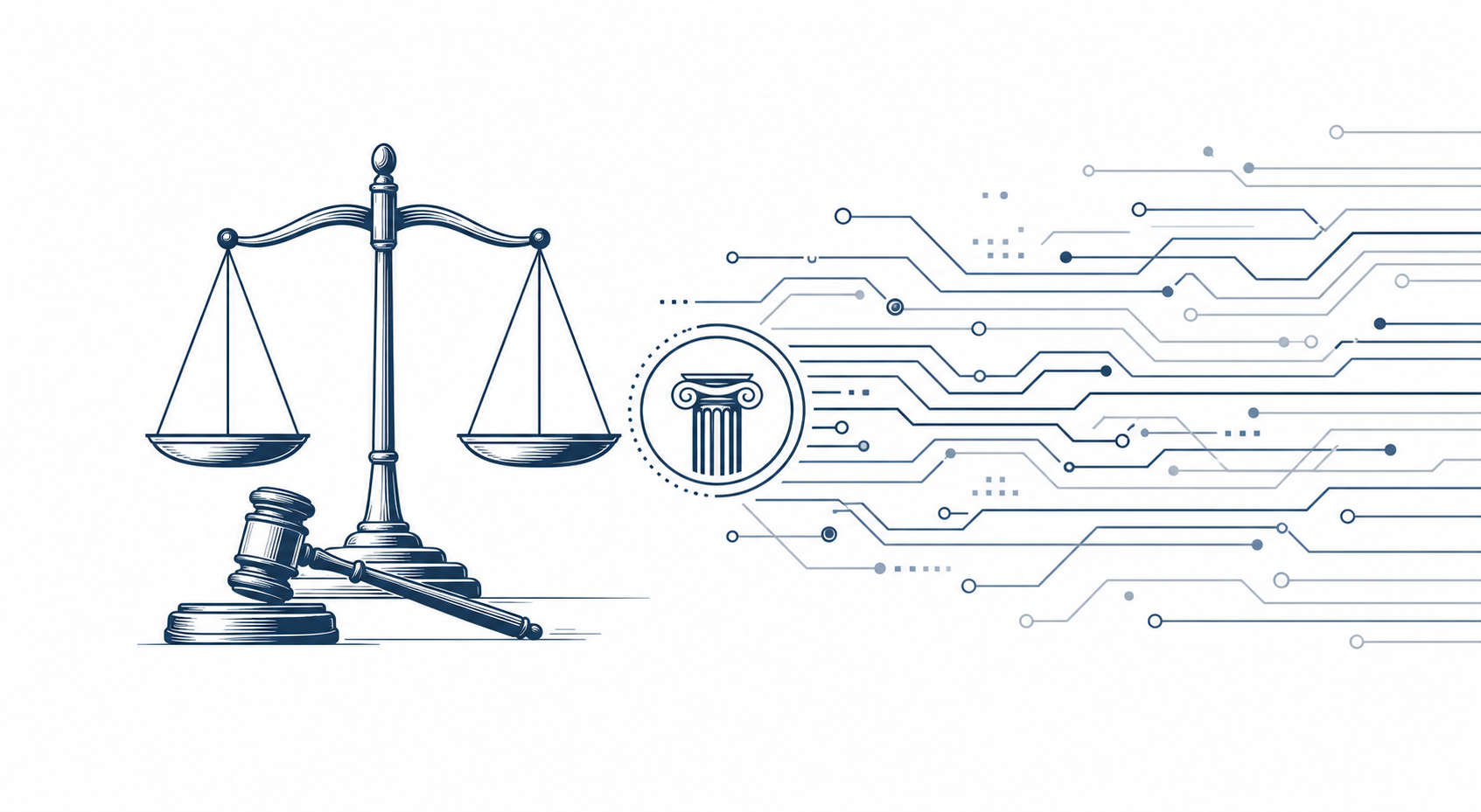 Flat vector illustration of a justice scale merging with a circuit-board pattern, representing AI integration into the legal profession.