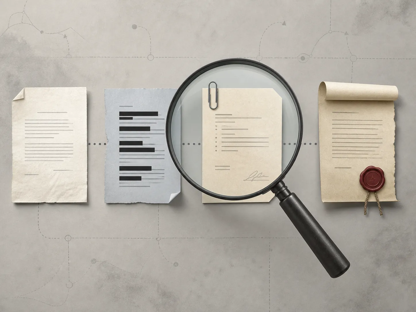 Illustration of dated draft documents connected as an evolving legal paper trail under a magnifying glass